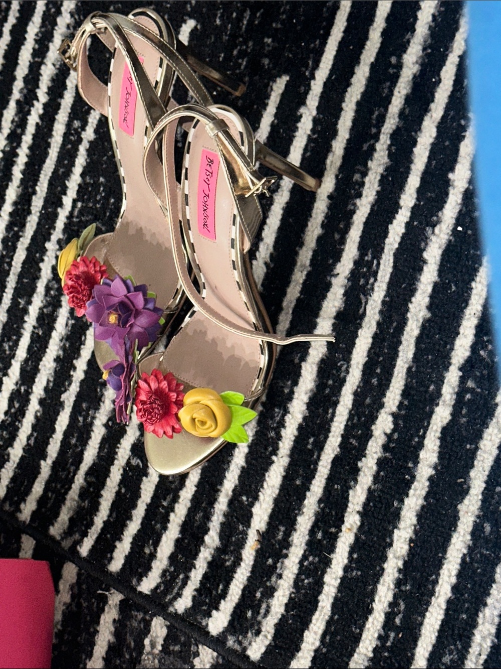 Betsey Johnson Gold Floral Strap Heels with Red, Purple & Yellow Flowers - Picture 5 of 6